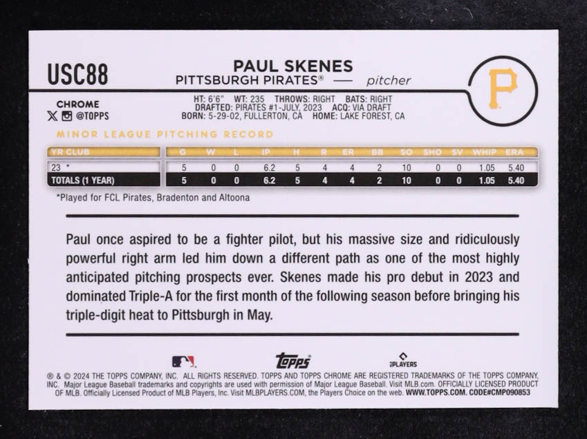 Paul Skenes 2024 Topps Chrome Update Photo Variations #USC88 RC at PristineAuction.com Paul Skenes 2024 Topps Chrome Update Photo Variations #USC88 RC at PristineAuction.com
