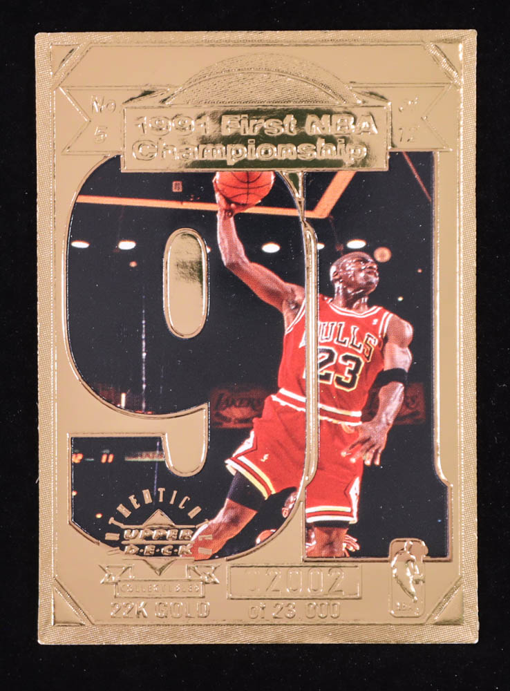 Michael Jordan 1998 Upper Deck 22K Gold Michael Jordan #5 / 1991 First NBA Championship #/23,000 at PristineAuction.com Michael Jordan 1998 Upper Deck 22K Gold Michael Jordan #5 / 1991 First NBA Championship #/23,000 at PristineAuction.com