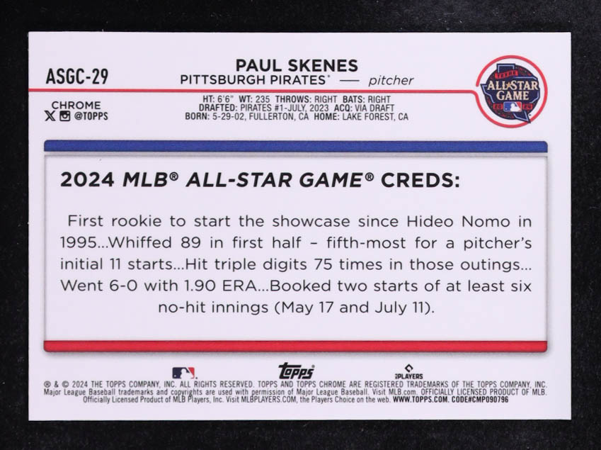 Paul Skenes 2024 Topps Chrome Update All-Star Game #ASGC29 RC at PristineAuction.com Paul Skenes 2024 Topps Chrome Update All-Star Game #ASGC29 RC at PristineAuction.com