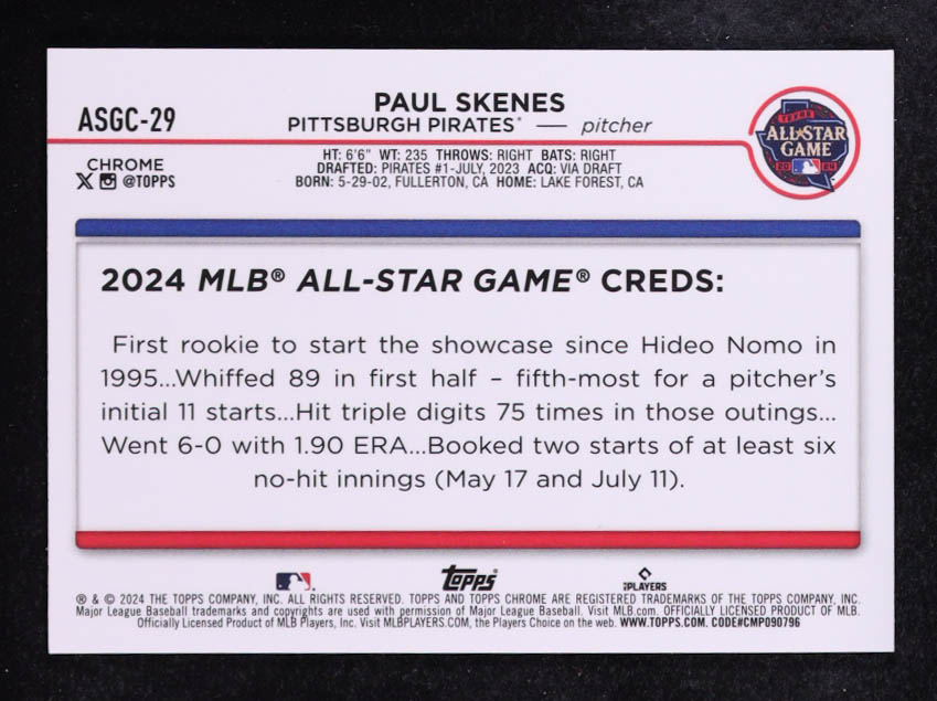 Paul Skenes 2024 Topps Chrome Update All-Star Game #ASGC29 RC at PristineAuction.com Paul Skenes 2024 Topps Chrome Update All-Star Game #ASGC29 RC at PristineAuction.com