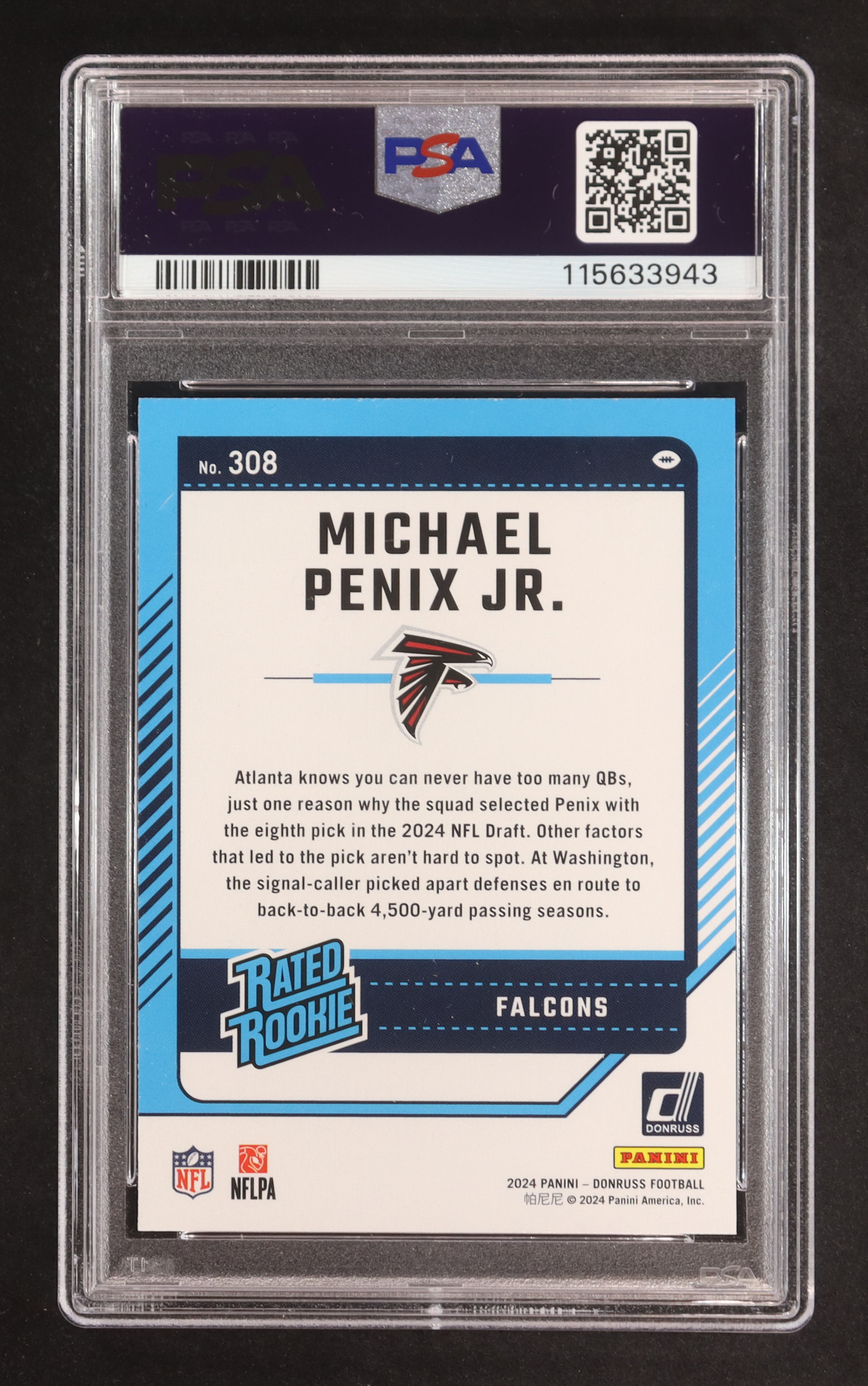 Michael Penix Jr. 2024 Donruss #308 RR RC (PSA 9) at PristineAuction.com Michael Penix Jr. 2024 Donruss #308 RR RC (PSA 9) at PristineAuction.com
