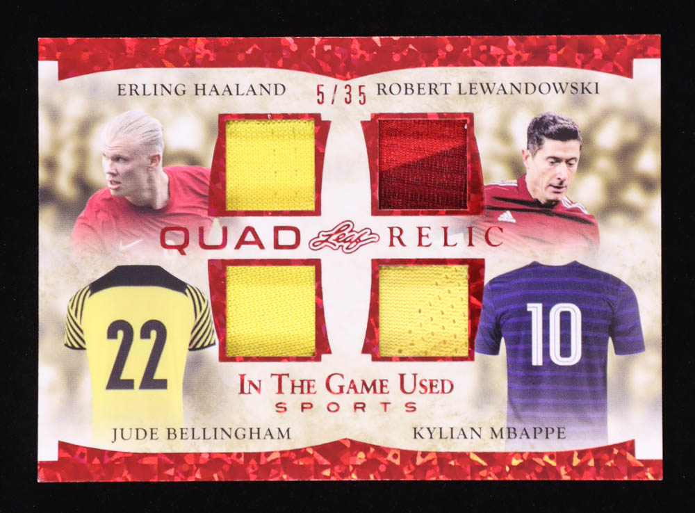 Erling Haaland / Robert Lewandowski / Jude Bellingham / Kylian Mbappe 2022 Leaf ITG Used Sports Quad Relic Red Pattern #GQM07 #05/35 at PristineAuction.com Erling Haaland / Robert Lewandowski / Jude Bellingham / Kylian Mbappe 2022 Leaf ITG Used Sports Quad Relic Red Pattern #GQM07 #05/35 at PristineAuction.com