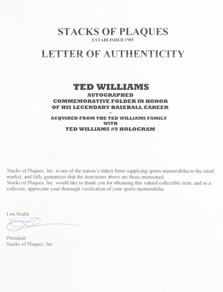 Ted Williams Signed Commemorative Folder (Williams & SoP) at PristineAuction.com Ted Williams Signed Commemorative Folder (Williams & SoP) at PristineAuction.com