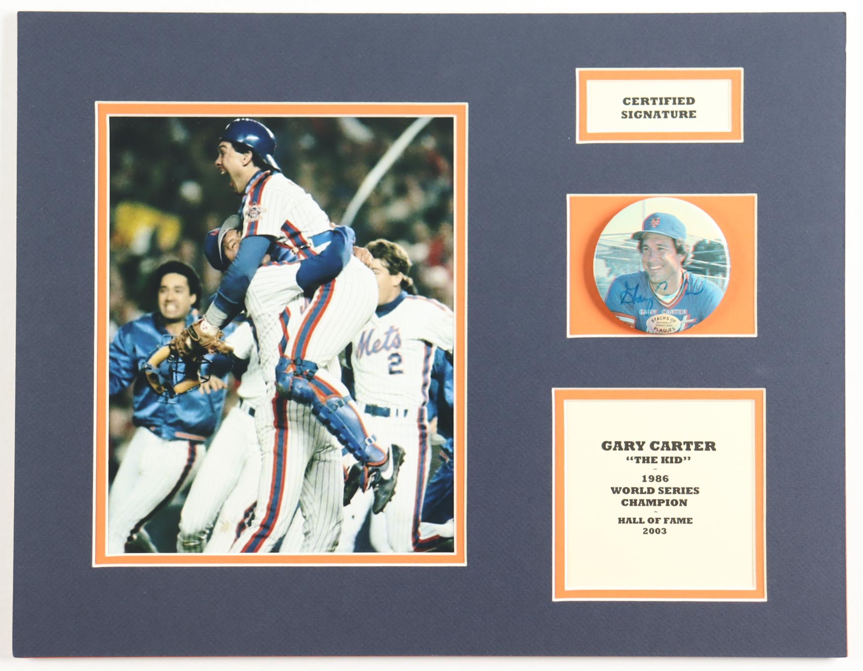 Gary Carter Signed Mets Custom Matted Button Display (SoP) at PristineAuction.com Gary Carter Signed Mets Custom Matted Button Display (SoP) at PristineAuction.com