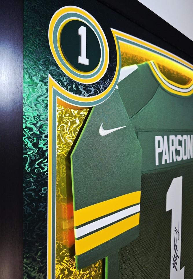 Micah Parsons Signed Packers Custom Framed Nike Jersey with LED Display & (4) 3D Logos (Fanatics) at PristineAuction.com Micah Parsons Signed Packers Custom Framed Nike Jersey with LED Display & (4) 3D Logos (Fanatics) at PristineAuction.com