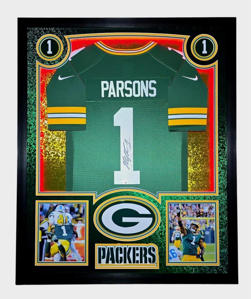 Micah Parsons Signed Packers Custom Framed Nike Jersey with LED Display & (4) 3D Logos (Fanatics) at PristineAuction.com Micah Parsons Signed Packers Custom Framed Nike Jersey with LED Display & (4) 3D Logos (Fanatics) at PristineAuction.com