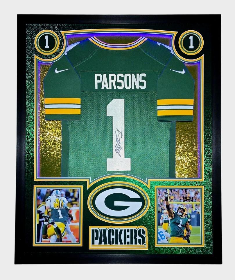 Micah Parsons Signed Packers Custom Framed Nike Jersey with LED Display & (4) 3D Logos (Fanatics) at PristineAuction.com Micah Parsons Signed Packers Custom Framed Nike Jersey with LED Display & (4) 3D Logos (Fanatics) at PristineAuction.com