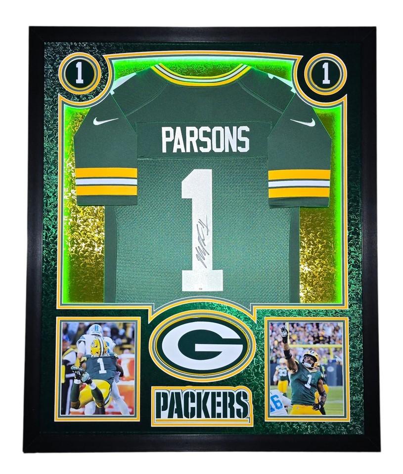 Micah Parsons Signed Packers Custom Framed Nike Jersey with LED Display & (4) 3D Logos (Fanatics) at PristineAuction.com Micah Parsons Signed Packers Custom Framed Nike Jersey with LED Display & (4) 3D Logos (Fanatics) at PristineAuction.com