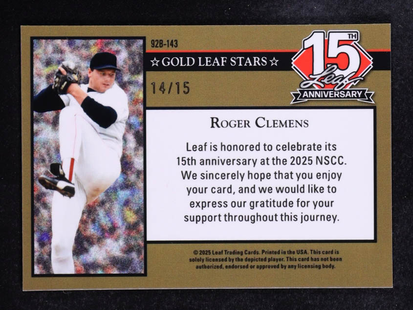 Roger Clemens 2025 Leaf 15th National NSCC Anniversary '92 Silver Sparkle #92B143 #14/15 at PristineAuction.com Roger Clemens 2025 Leaf 15th National NSCC Anniversary '92 Silver Sparkle #92B143 #14/15 at PristineAuction.com