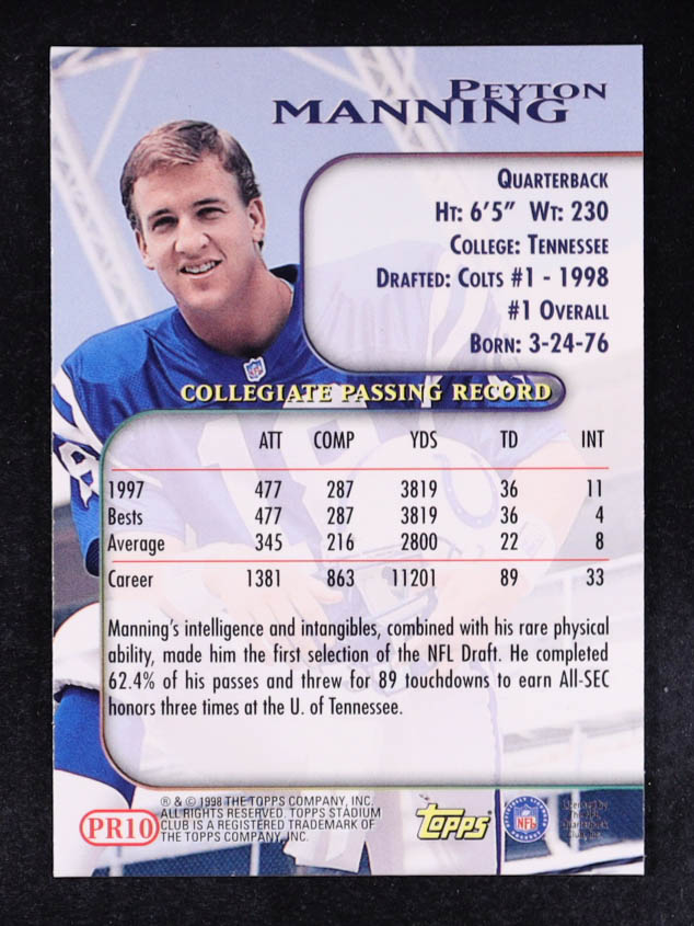 Peyton Manning 1998 Stadium Club Prime Rookies #PR10 RC at PristineAuction.com Peyton Manning 1998 Stadium Club Prime Rookies #PR10 RC at PristineAuction.com