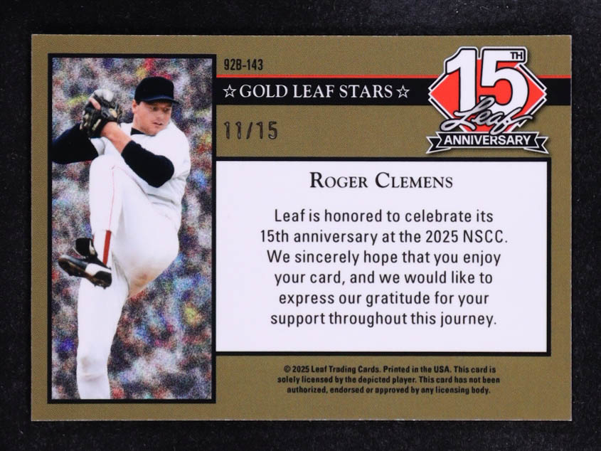 Roger Clemens 2025 Leaf 15th National NSCC Anniversary '92 Silver Shimmer #92B143 #11/15 at PristineAuction.com Roger Clemens 2025 Leaf 15th National NSCC Anniversary '92 Silver Shimmer #92B143 #11/15 at PristineAuction.com