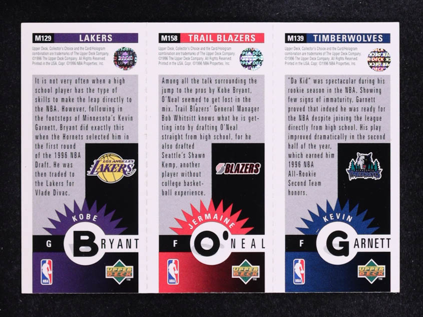 Kobe Bryant RC / Jermaine O'Neal RC / Kevin Garnett 1996-97 Collector's Choice Mini-Cards #M129-158-139 at PristineAuction.com Kobe Bryant RC / Jermaine O'Neal RC / Kevin Garnett 1996-97 Collector's Choice Mini-Cards #M129-158-139 at PristineAuction.com
