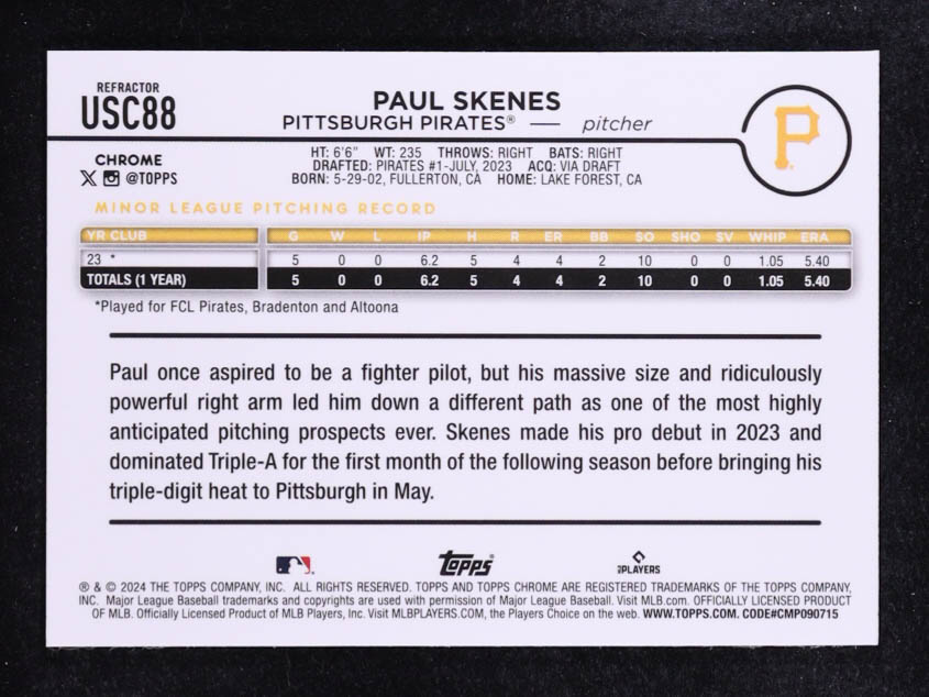 Paul Skenes 2024 Topps Chrome Update Silver #USC88 RC at PristineAuction.com Paul Skenes 2024 Topps Chrome Update Silver #USC88 RC at PristineAuction.com