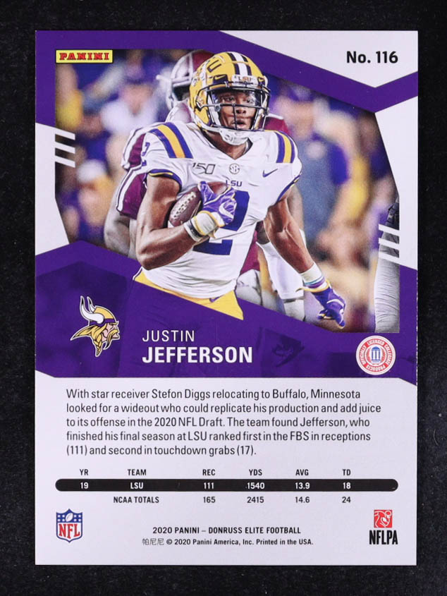 Justin Jefferson 2020 Donruss Elite #116 RC #273/799 at PristineAuction.com Justin Jefferson 2020 Donruss Elite #116 RC #273/799 at PristineAuction.com