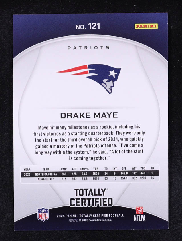 Drake Maye 2024 Totally Certified #121 RC at PristineAuction.com Drake Maye 2024 Totally Certified #121 RC at PristineAuction.com