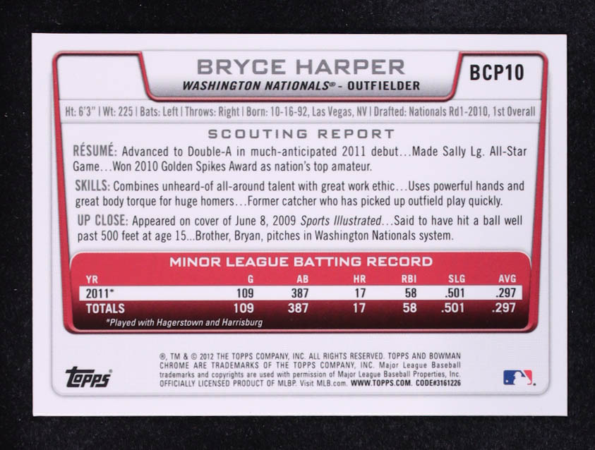 Bryce Harper 2012 Bowman Chrome Prospects #BCP10 RC at PristineAuction.com Bryce Harper 2012 Bowman Chrome Prospects #BCP10 RC at PristineAuction.com