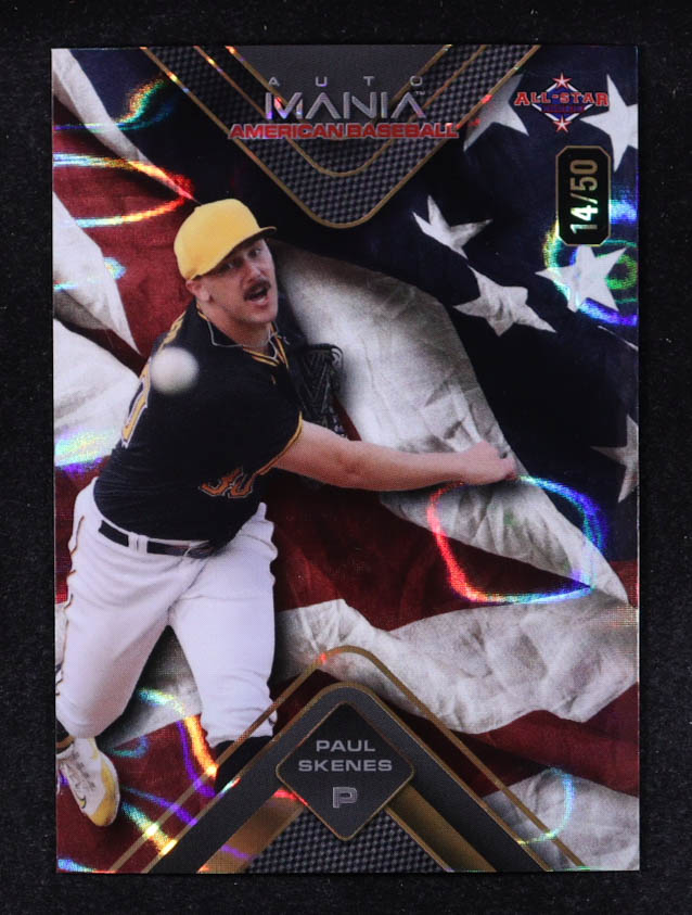 Paul Skenes 2024 Wild Card Auto Mania American Flag Lava #AMATPS2 RC #14/50 at PristineAuction.com Paul Skenes 2024 Wild Card Auto Mania American Flag Lava #AMATPS2 RC #14/50 at PristineAuction.com