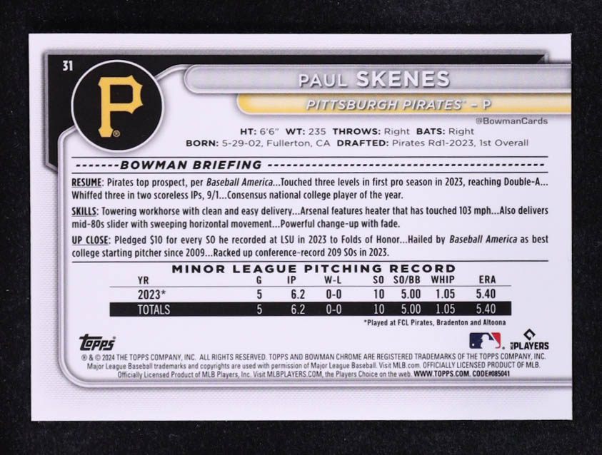 Paul Skenes 2024 Bowman Chrome #31 RC at PristineAuction.com Paul Skenes 2024 Bowman Chrome #31 RC at PristineAuction.com