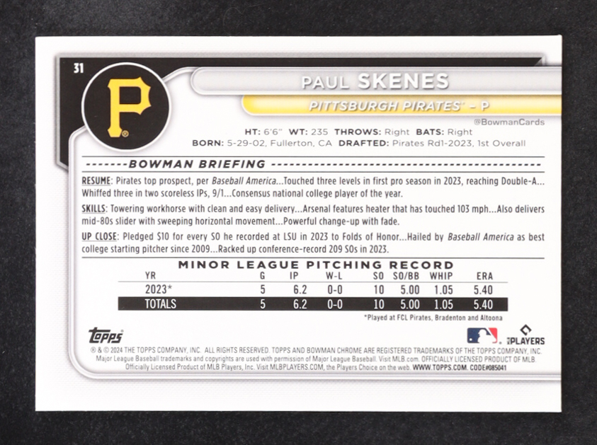 Paul Skenes 2024 Bowman Chrome #31 RC at PristineAuction.com Paul Skenes 2024 Bowman Chrome #31 RC at PristineAuction.com
