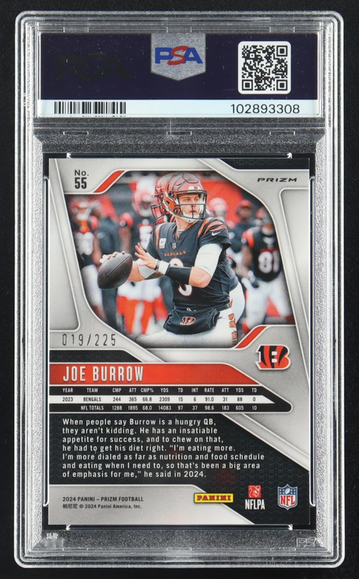 Joe Burrow 2024 Panini Prizm Prizms Purple Ice #55 #19/225 (PSA 10) at PristineAuction.com Joe Burrow 2024 Panini Prizm Prizms Purple Ice #55 #19/225 (PSA 10) at PristineAuction.com