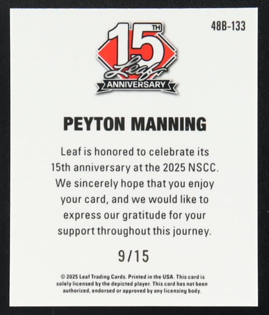 Peyton Manning 2025 Leaf 15th Anniversary '48 Leaf Silver Sparkle #48B133 #09/15 at PristineAuction.com Peyton Manning 2025 Leaf 15th Anniversary '48 Leaf Silver Sparkle #48B133 #09/15 at PristineAuction.com