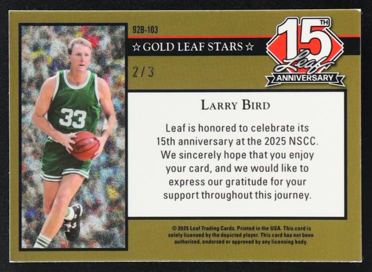 Larry Bird 2025 Leaf 15th Anniversary Gold Leaf Stars '92 Red Shimmer #92B103 #2/3 at PristineAuction.com Larry Bird 2025 Leaf 15th Anniversary Gold Leaf Stars '92 Red Shimmer #92B103 #2/3 at PristineAuction.com