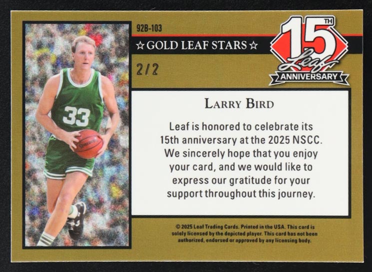Larry Bird 2025 Leaf 15th Anniversary Gold Leaf Stars '92 Black Sparkles #92B103 #2/2 at PristineAuction.com Larry Bird 2025 Leaf 15th Anniversary Gold Leaf Stars '92 Black Sparkles #92B103 #2/2 at PristineAuction.com