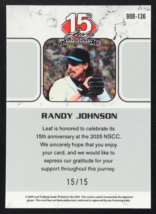 Randy Johnson 2025 Leaf 15th Anniversary '90 Leaf Silver Lava #90B136 #15/15 at PristineAuction.com Randy Johnson 2025 Leaf 15th Anniversary '90 Leaf Silver Lava #90B136 #15/15 at PristineAuction.com