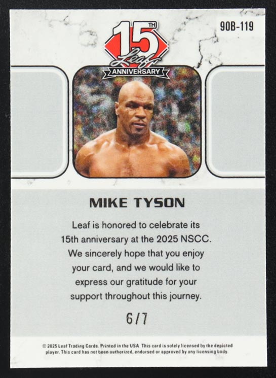 Mike Tyson 2025 Leaf 15th Anniversary '90 Leaf Purple Sparkles #90B119 #6/7 at PristineAuction.com Mike Tyson 2025 Leaf 15th Anniversary '90 Leaf Purple Sparkles #90B119 #6/7 at PristineAuction.com