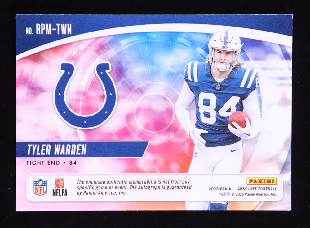 Tyler Warren 2025 Absolute Rookie Premiere Materials Autographs #12 RC #154/399 at PristineAuction.com Tyler Warren 2025 Absolute Rookie Premiere Materials Autographs #12 RC #154/399 at PristineAuction.com