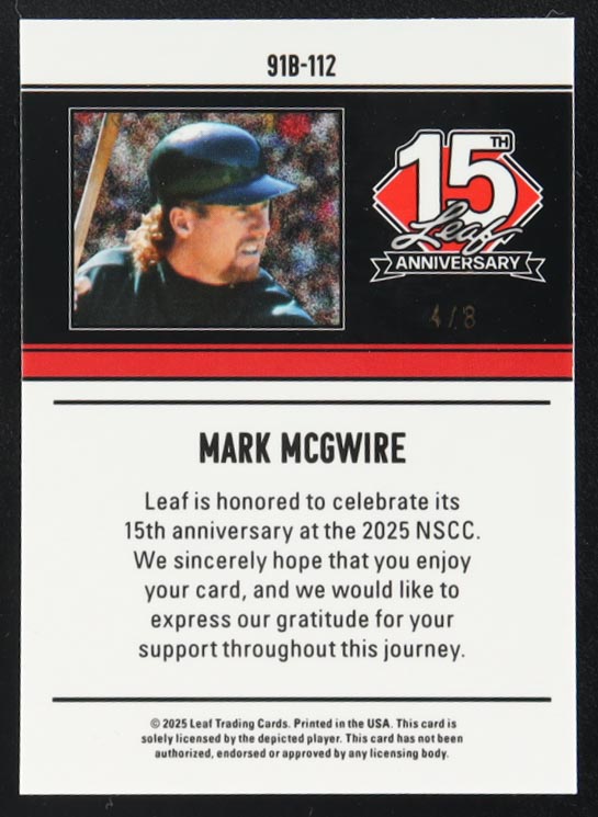 Mark McGwire 2025 Leaf 15th Anniversary '91 Leaf Pink Lava #91B112 #4/8 at PristineAuction.com Mark McGwire 2025 Leaf 15th Anniversary '91 Leaf Pink Lava #91B112 #4/8 at PristineAuction.com