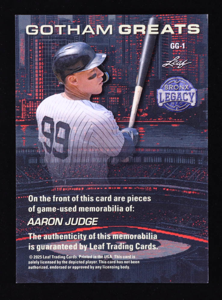 Aaron Judge 2025 Leaf A Bronx Legacy Gotham Greats Memorabilia Spectrum Bronze Holofoil #GG1 #10/12 at PristineAuction.com Aaron Judge 2025 Leaf A Bronx Legacy Gotham Greats Memorabilia Spectrum Bronze Holofoil #GG1 #10/12 at PristineAuction.com