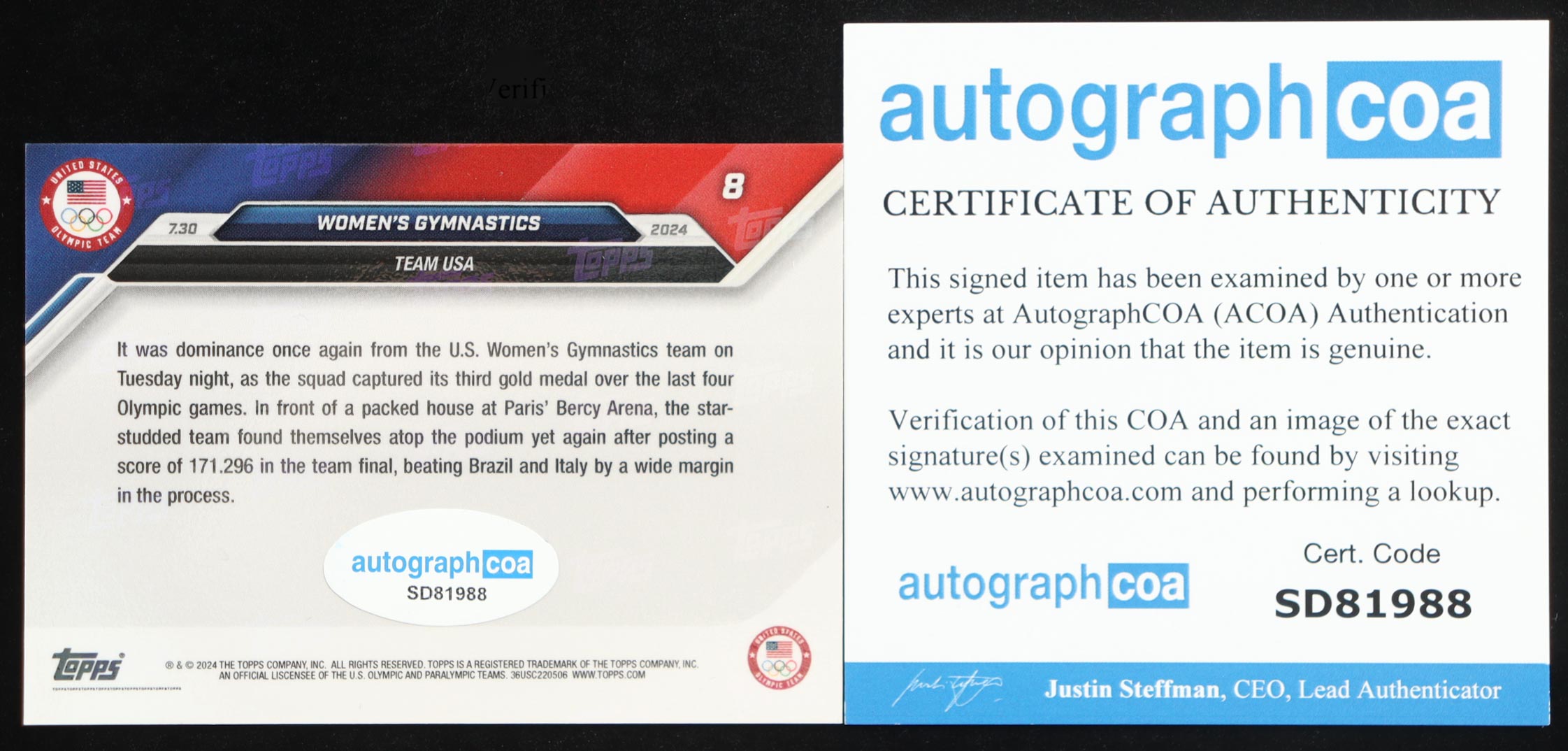 Jordan Chiles Signed 2024 Topps Now Olympic Games #8 Inscribed "2024" (ACOA) at PristineAuction.com Jordan Chiles Signed 2024 Topps Now Olympic Games #8 Inscribed "2024" (ACOA) at PristineAuction.com