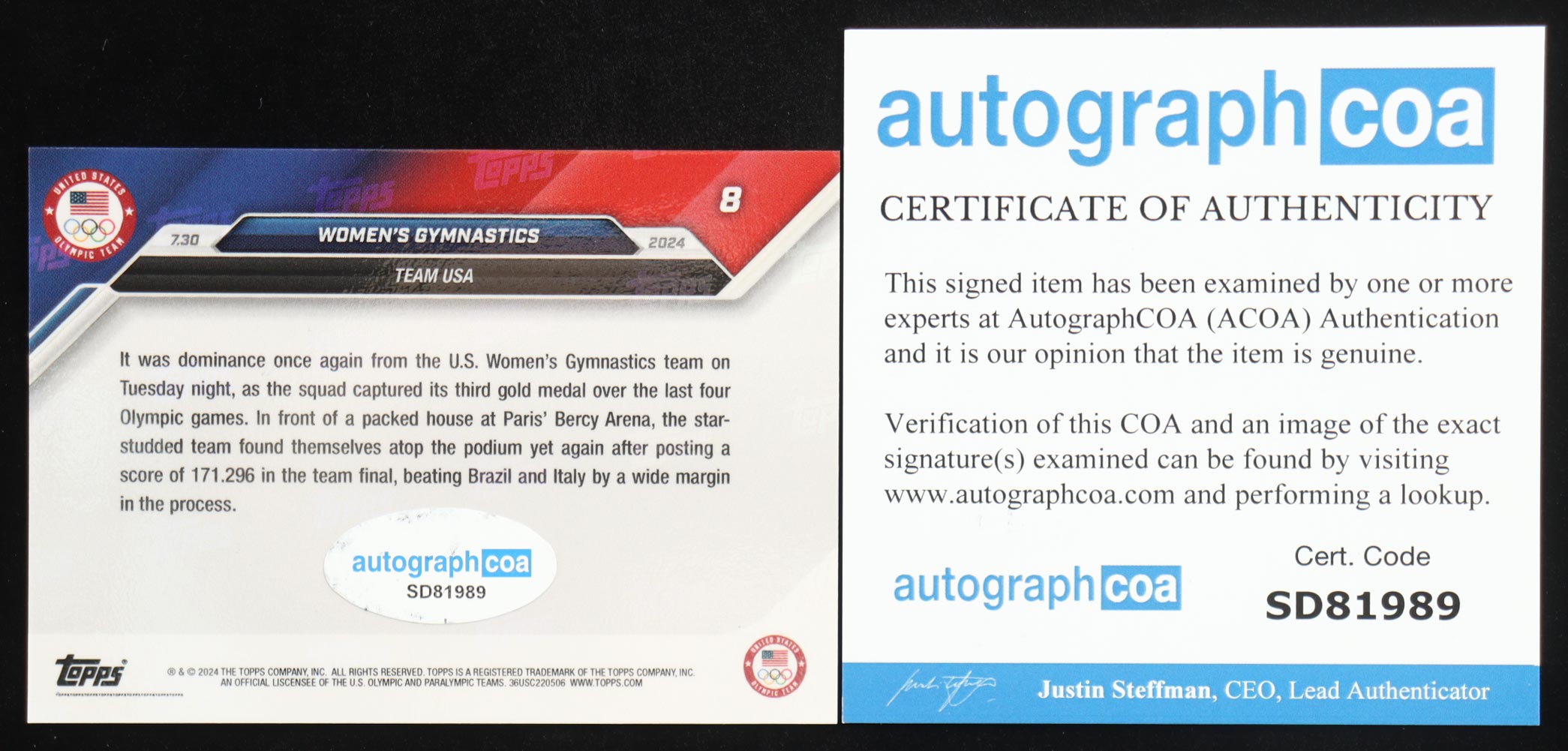 Jordan Chiles Signed 2024 Topps Now Olympic Games #8 Inscribed "2024" (ACOA) at PristineAuction.com Jordan Chiles Signed 2024 Topps Now Olympic Games #8 Inscribed "2024" (ACOA) at PristineAuction.com