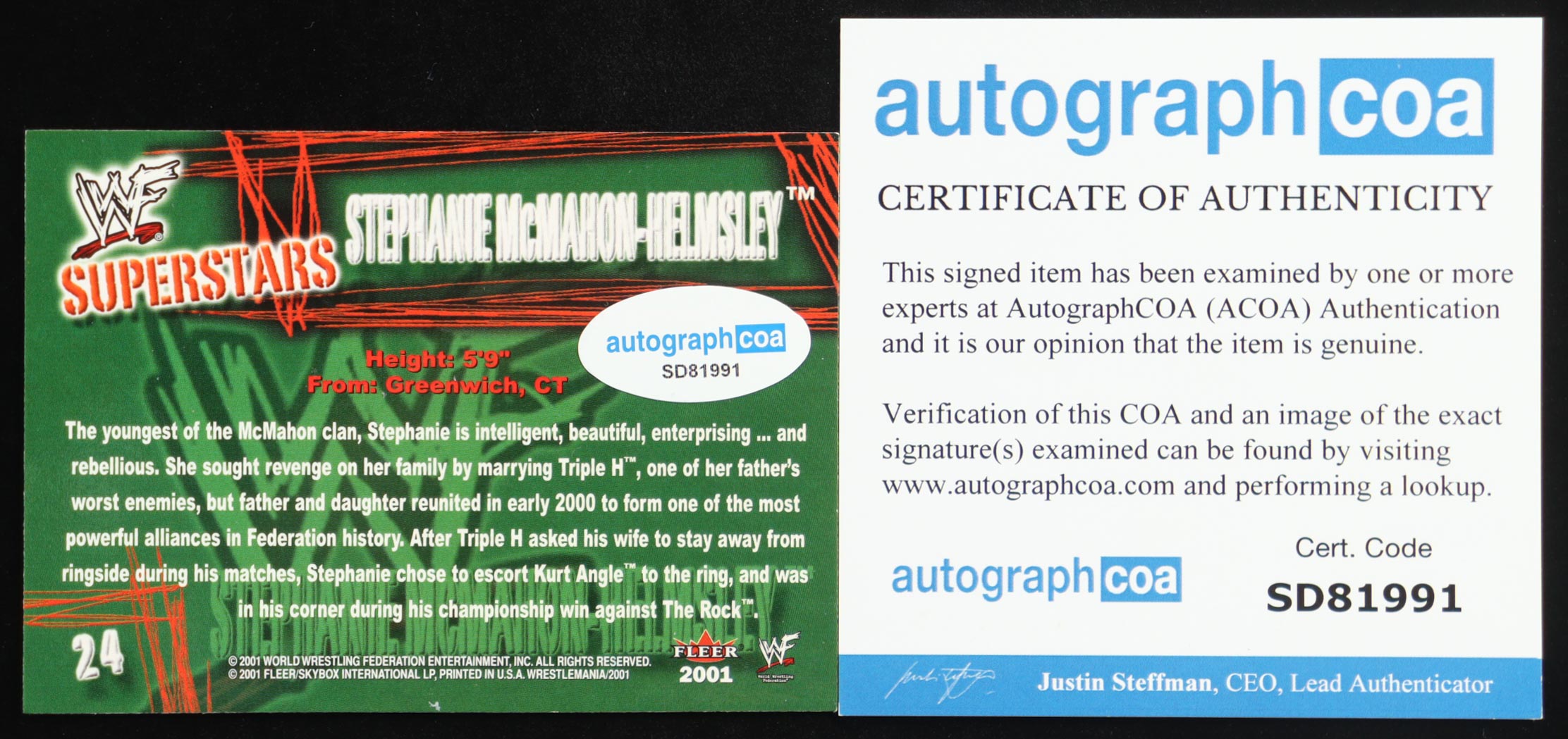 Stephanie McMahon Signed 2001 Fleer WWF Superstars #24 (ACOA) at PristineAuction.com Stephanie McMahon Signed 2001 Fleer WWF Superstars #24 (ACOA) at PristineAuction.com
