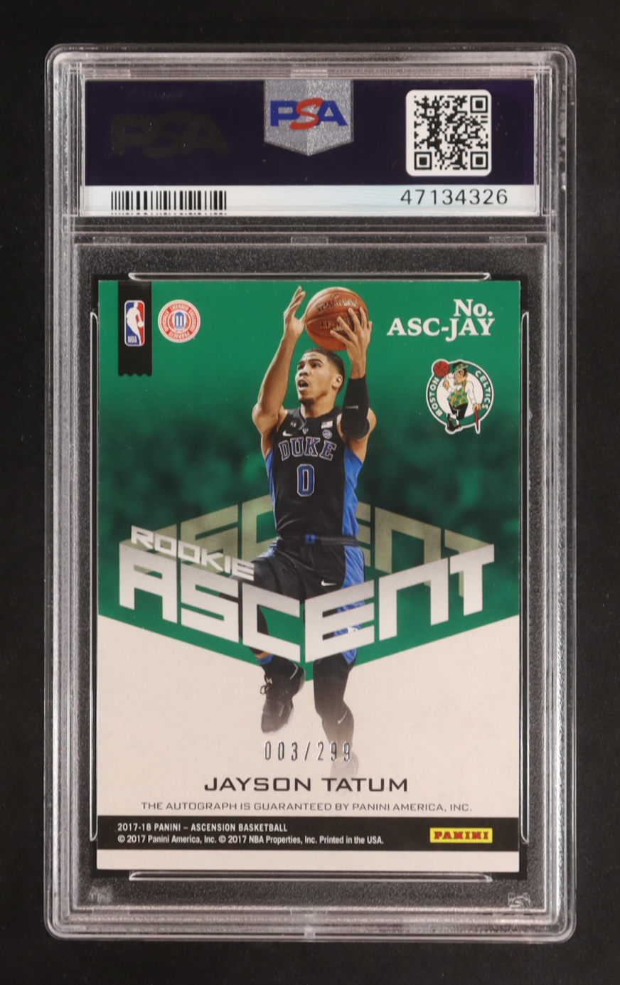 Jayson Tatum 2017-18 Panini Ascension Rookie Ascent Autographs #3 RC #003/299 (PSA 10) at PristineAuction.com Jayson Tatum 2017-18 Panini Ascension Rookie Ascent Autographs #3 RC #003/299 (PSA 10) at PristineAuction.com