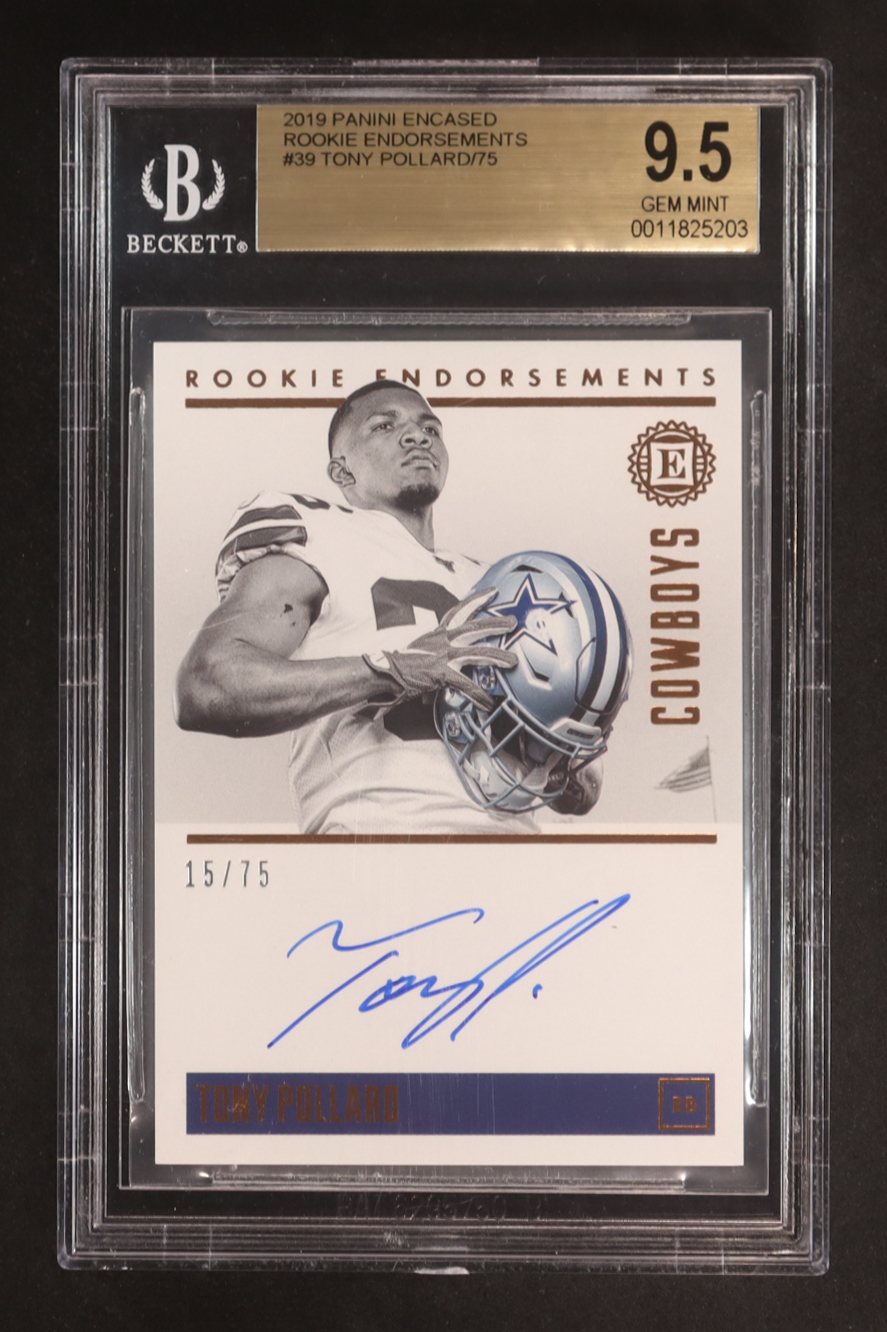 Tony Pollard 2019 Panini Encased Rookie Endorsements Auto #RE-TPO RC #15/75 (BGS 9.5 | Autograph Graded BGS 10) at PristineAuction.com Tony Pollard 2019 Panini Encased Rookie Endorsements Auto #RE-TPO RC #15/75 (BGS 9.5 | Autograph Graded BGS 10) at PristineAuction.com