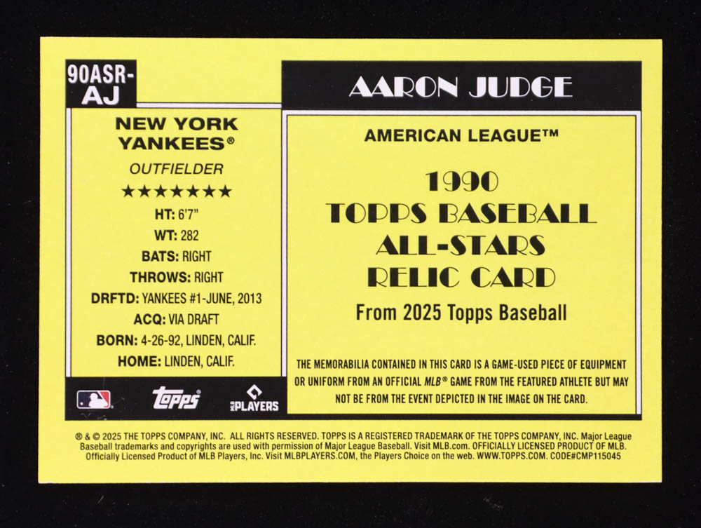 Aaron Judge 2025 Topps '90 Topps All Star Relics #90ASRAJ at PristineAuction.com Aaron Judge 2025 Topps '90 Topps All Star Relics #90ASRAJ at PristineAuction.com