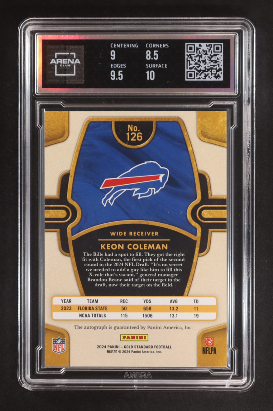 Keon Coleman 2024 Panini Gold Standard Rookie Auto #126 RC #158/199 (Arena Club 9 | Autograph Graded Arena Club 10) at PristineAuction.com Keon Coleman 2024 Panini Gold Standard Rookie Auto #126 RC #158/199 (Arena Club 9 | Autograph Graded Arena Club 10) at PristineAuction.com
