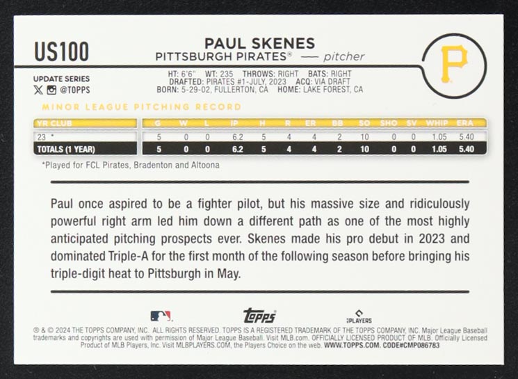 Paul Skenes 2024 Topps Update Halloween Orange and Black Foil #US100 RC at PristineAuction.com Paul Skenes 2024 Topps Update Halloween Orange and Black Foil #US100 RC at PristineAuction.com