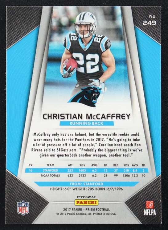 Christian McCaffrey 2017 Panini Prizm Prizms Red White and Blue #249 RC at PristineAuction.com Christian McCaffrey 2017 Panini Prizm Prizms Red White and Blue #249 RC at PristineAuction.com