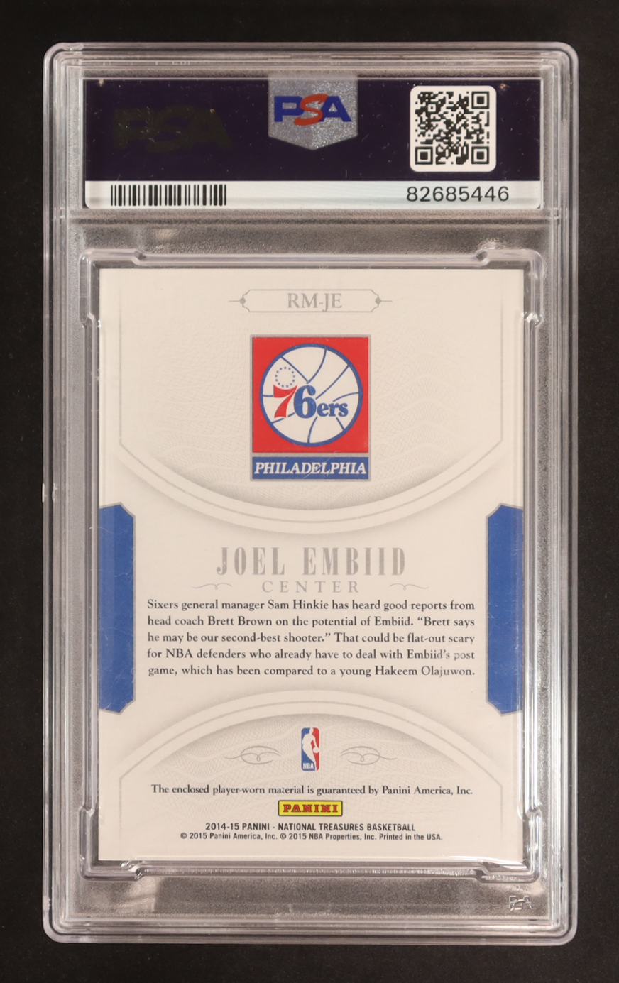 Joel Embiid 2014-15 Panini National Treasures NBA Rookie Materials #RMJE 99 RC (PSA 9) at PristineAuction.com Joel Embiid 2014-15 Panini National Treasures NBA Rookie Materials #RMJE 99 RC (PSA 9) at PristineAuction.com