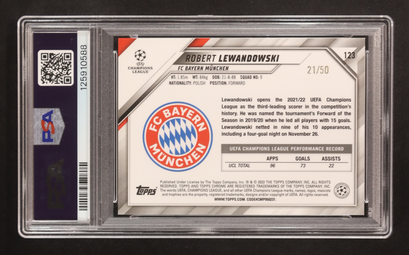Robert Lewandowski 2021-22 Topps Chrome UCL Gold Refractor #123 #21/50 (PSA 8) at PristineAuction.com Robert Lewandowski 2021-22 Topps Chrome UCL Gold Refractor #123 #21/50 (PSA 8) at PristineAuction.com