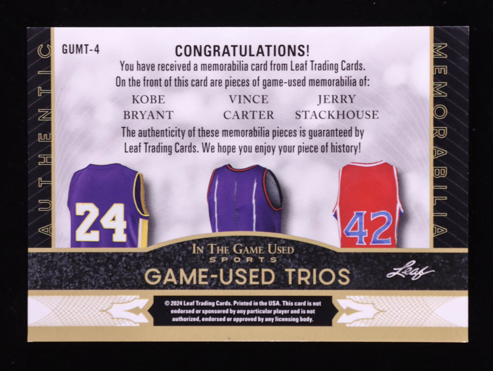 Kobe Bryant / Vince Carter / Jerry Stackhouse 2024 Leaf ITG Used Sports Game Used Trios Spectrum Pink #GUMT4 #11/15 at PristineAuction.com Kobe Bryant / Vince Carter / Jerry Stackhouse 2024 Leaf ITG Used Sports Game Used Trios Spectrum Pink #GUMT4 #11/15 at PristineAuction.com