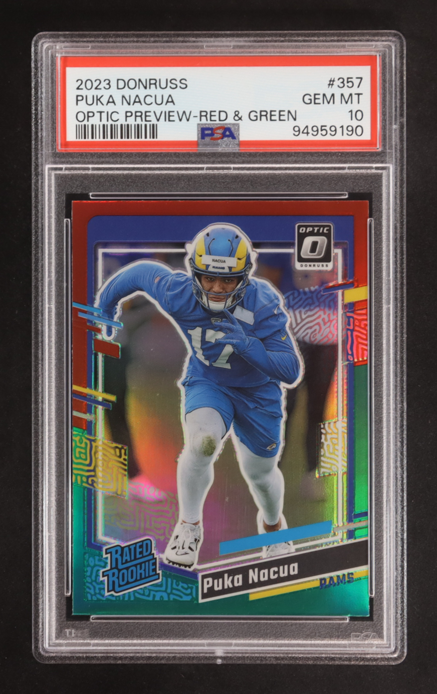 Puka Nacua 2023 Donruss Optic Rated Rookies Preview Red and Green #357 RR (PSA 10) at PristineAuction.com Puka Nacua 2023 Donruss Optic Rated Rookies Preview Red and Green #357 RR (PSA 10) at PristineAuction.com