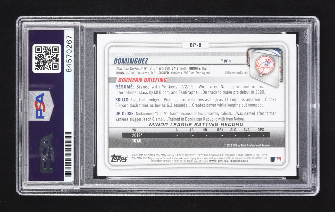 Jasson Dominguez Signed 2020 Topps Bowman #BP-8 RC (PSA) at PristineAuction.com Jasson Dominguez Signed 2020 Topps Bowman #BP-8 RC (PSA) at PristineAuction.com