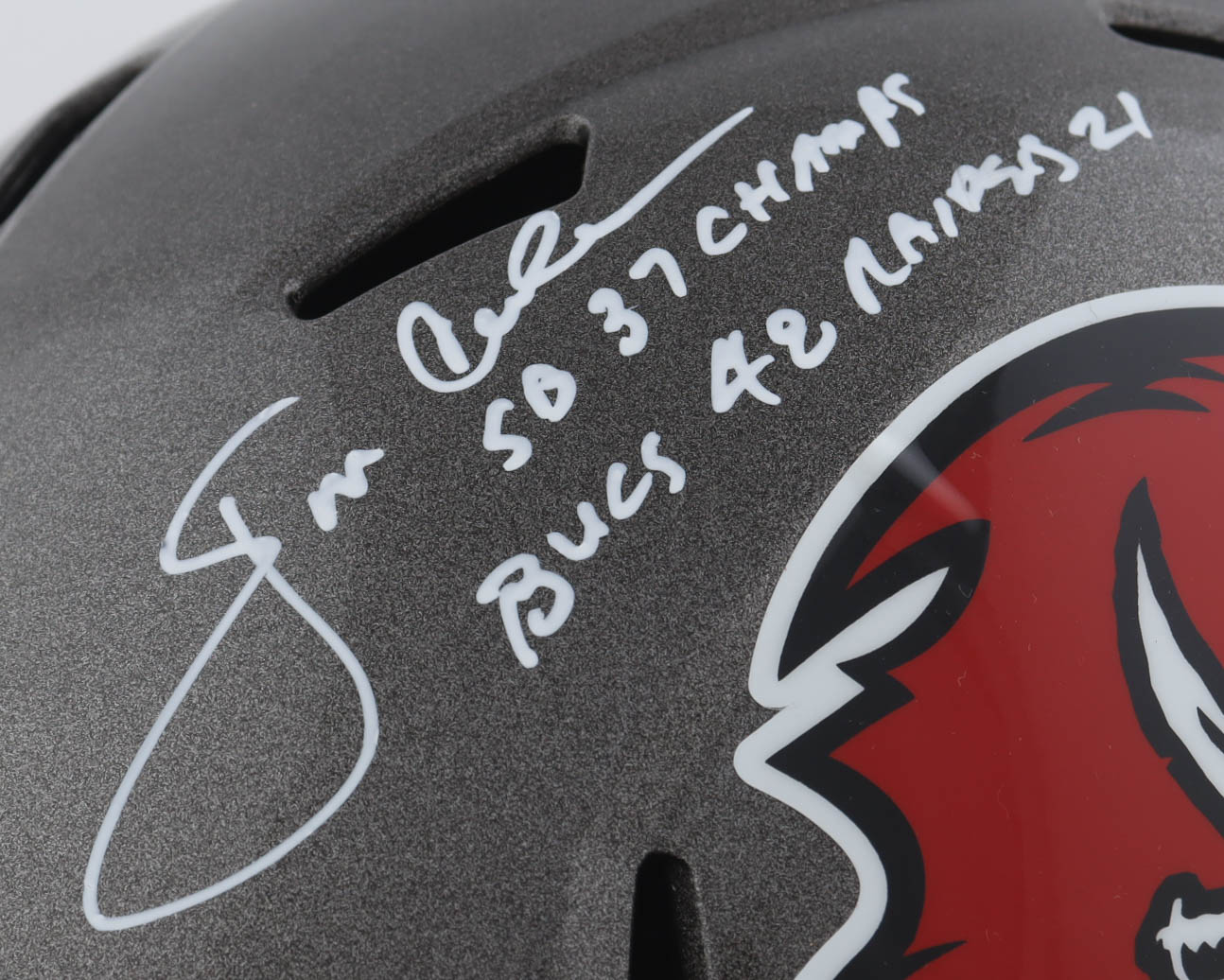 Jon Gruden Signed Buccaneers Full-Size Speed Helmet Inscribed "SB 37 Champs" & "Bucs 42 Raiders 21" (Beckett) at PristineAuction.com Jon Gruden Signed Buccaneers Full-Size Speed Helmet Inscribed "SB 37 Champs" & "Bucs 42 Raiders 21" (Beckett) at PristineAuction.com