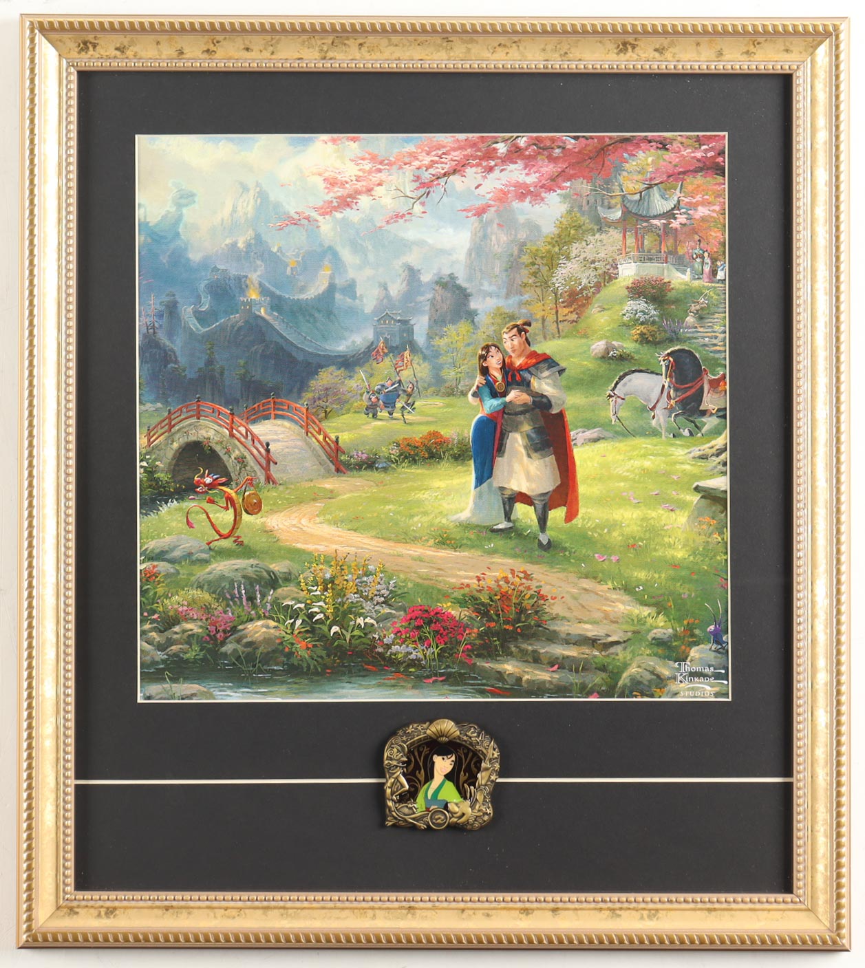 Thomas Kinkade "Mulan" Custom Framed Print Display with Glass Mulan Character Pin at PristineAuction.com Thomas Kinkade "Mulan" Custom Framed Print Display with Glass Mulan Character Pin at PristineAuction.com