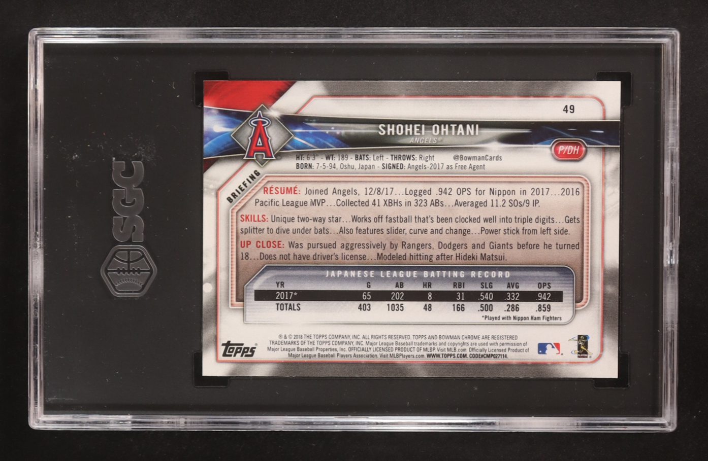 Shohei Ohtani 2018 Bowman #49 RC (SGC 10) at PristineAuction.com Shohei Ohtani 2018 Bowman #49 RC (SGC 10) at PristineAuction.com