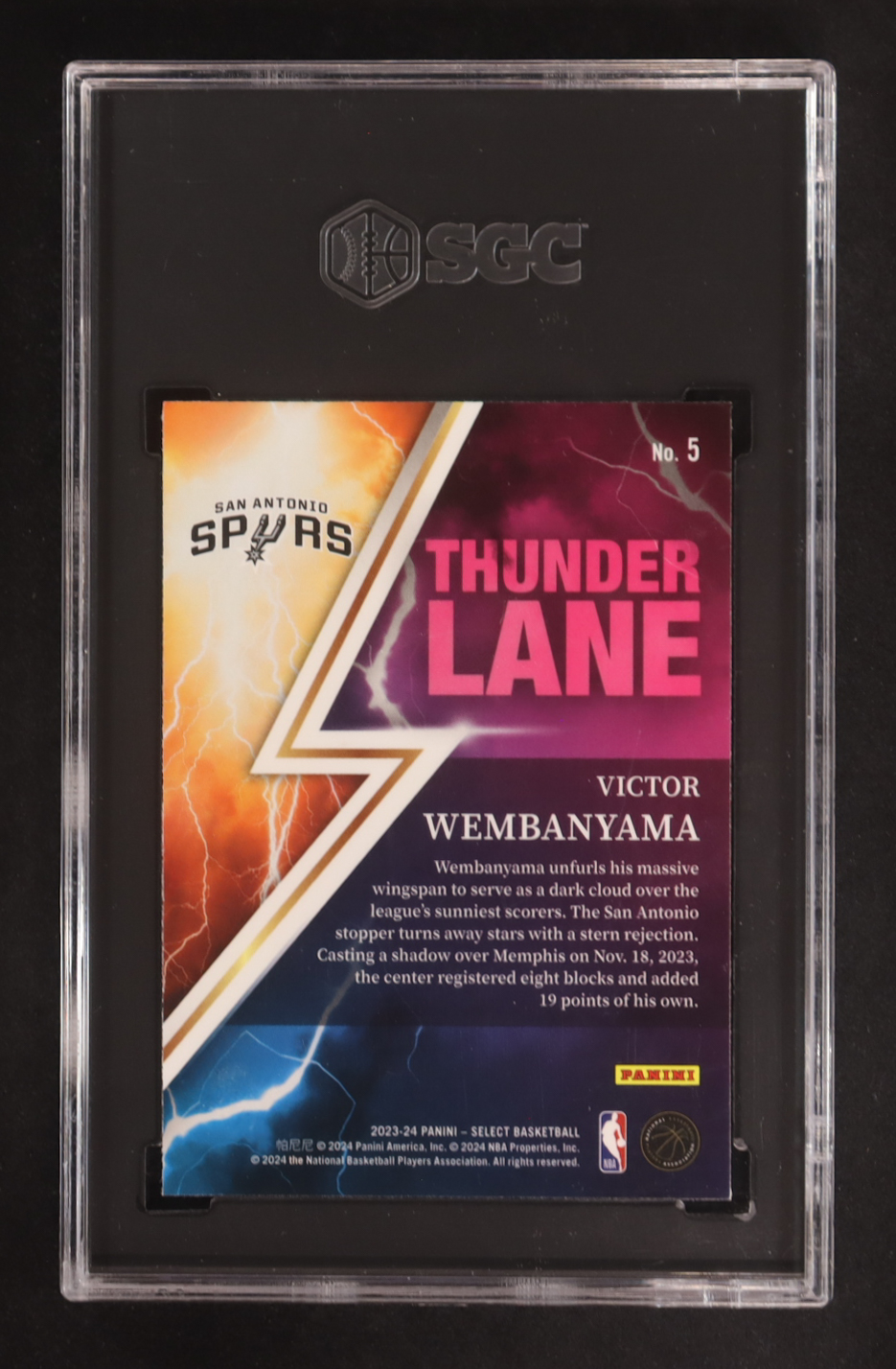 Victor Wembanyama 2023-24 Select Thunder Lane #5 RC (SGC 10) at PristineAuction.com Victor Wembanyama 2023-24 Select Thunder Lane #5 RC (SGC 10) at PristineAuction.com